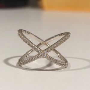 Silver criss cross ring with crystals